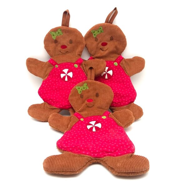 3 Gingerbread Girl Oven Mitts Holiday Baking Cooking Embroidered Corduroy Cute - Picture 1 of 5